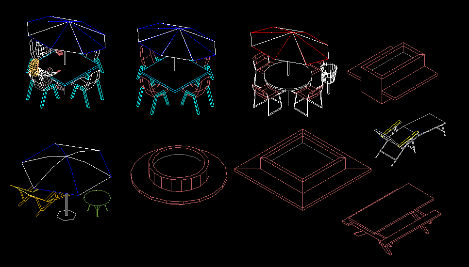 Mesas y sillas de jardin 3d autocad