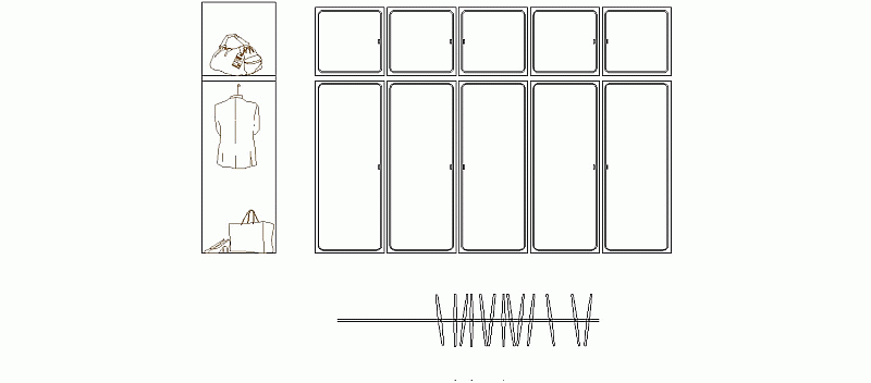 Bloques AutoCAD Gratis de armario de 5 puertas, planta y sección interior