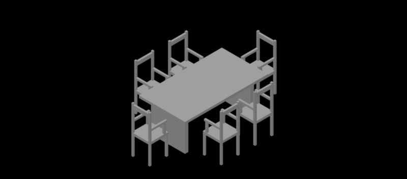 mesa rectangular con 6 sillas en 3 dimensiones