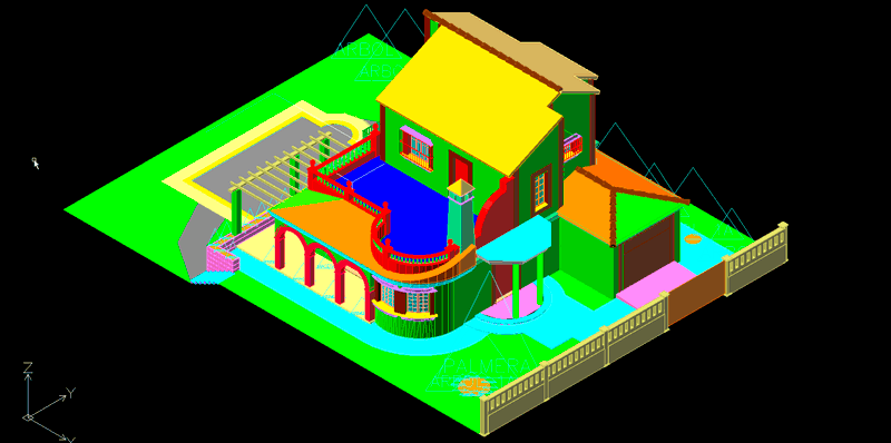 Chalet con piscina y pérgola en 3 dimensiones