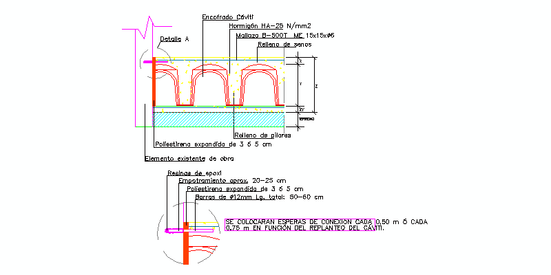 detalle de conexión perimetral de solera Cáviti con anclaje químico
