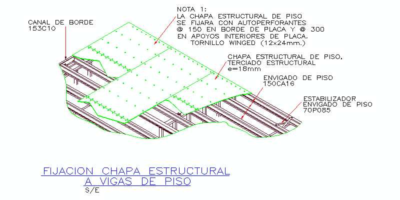 detalle en 3 dimensiones de fijación de chapa a losa metálica