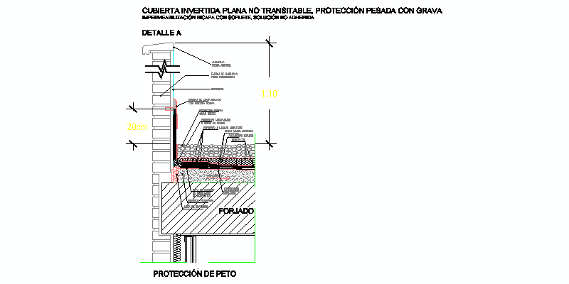 detalle de cubierta plana no transitable con protección pesada