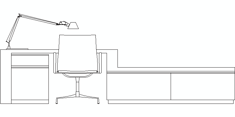 mesa de despacho o estudio con dos alturas en alzado y silla en vista posterior