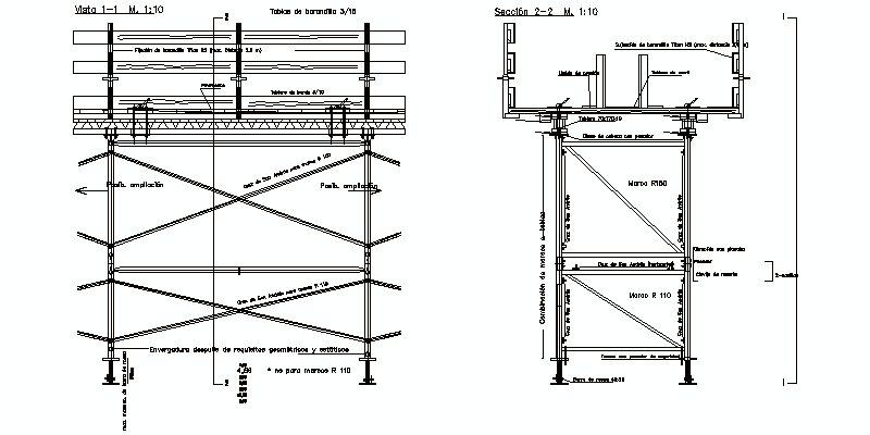 conjunto de andamio metálico en alzado y sección