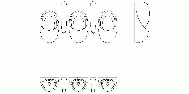 conjunto de urinarios de pared en planta, alzado frontal y lateral