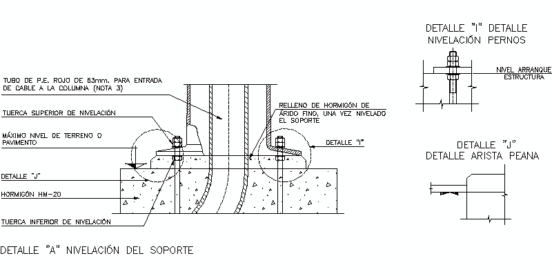 detalle de nivelación de soporte para alumbrado exterior