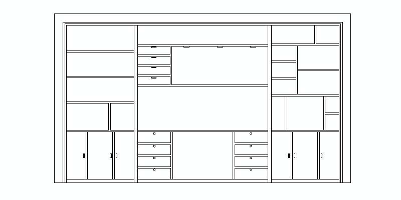 mueble de sala visto en alzado frontal, con almacenaje, cajones y estantes.