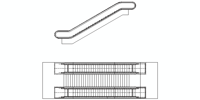 escalera mecánica doble, vista en planta y alzado lateral