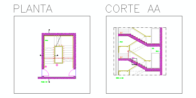 Sección y planta de núcleo de escalera