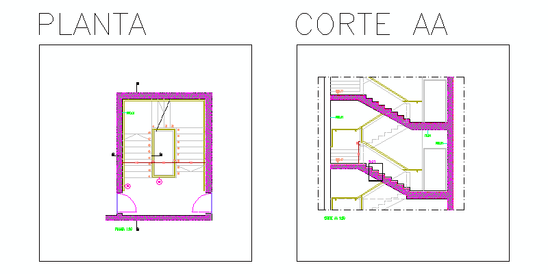 Bloques AutoCAD Gratis de Sección y planta de núcleo de escalera