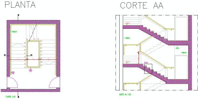 Sección vertical de escalera y Planta