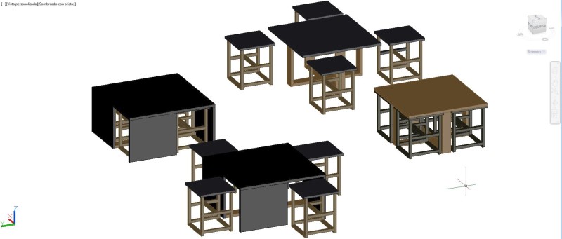 mesas bajas con taburetes en 3D