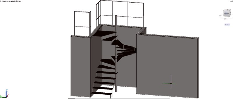 escalera recta y con tramo curvo  en 3 dimensiones con barandilla de tubo