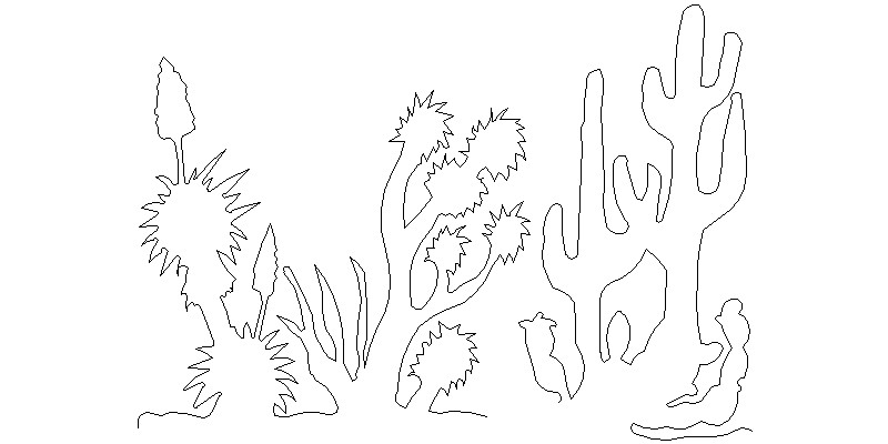 silueta de matorral propio del desierto, en 2d, con cactus de diferentes clases.