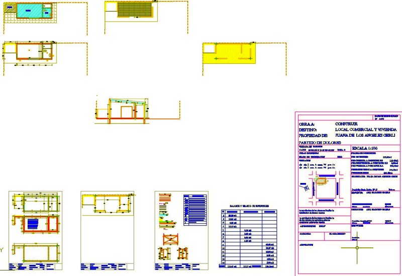 Planos de proyecto de edificación sencilla para galpón, con fogón y baño. Plantas, sección y detalles.