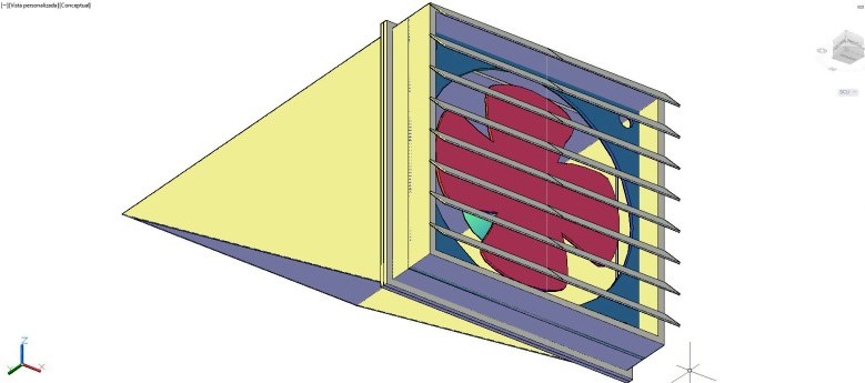 extractor de aire en 3 dimensiones, pieza final con rejilla y aspas de ventilación