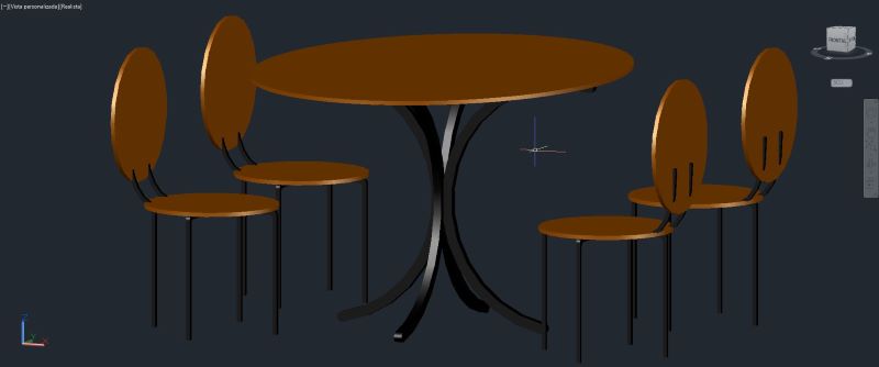 mesa redonda con patas de acero y cuatro sillas en 3 dimensiones