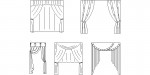 Bloques AutoCAD de cinco modelos de diseños de cortinas para ventanas. Vistas en alzado frontal en 2D.