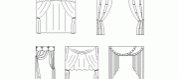 Bloques AutoCAD de cinco modelos de diseños de cortinas para ventanas. Vistas en alzado frontal en 2D.