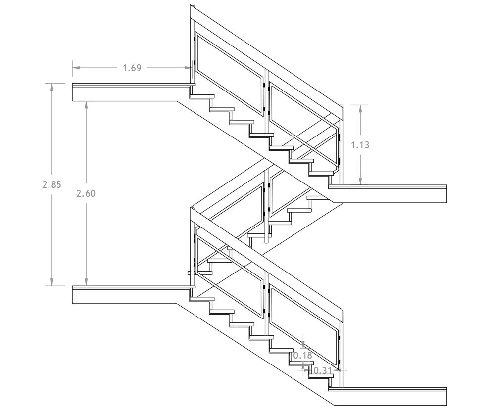 escalera de dos tramos en sección con barandilla de vidrio