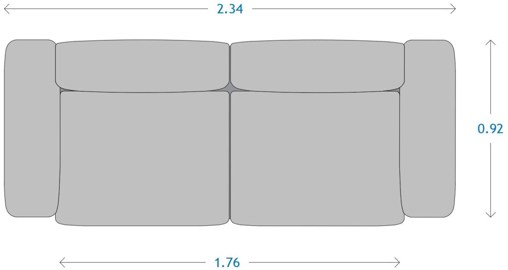 sofá 3 plazas en planta de 2,34m x 0,92m